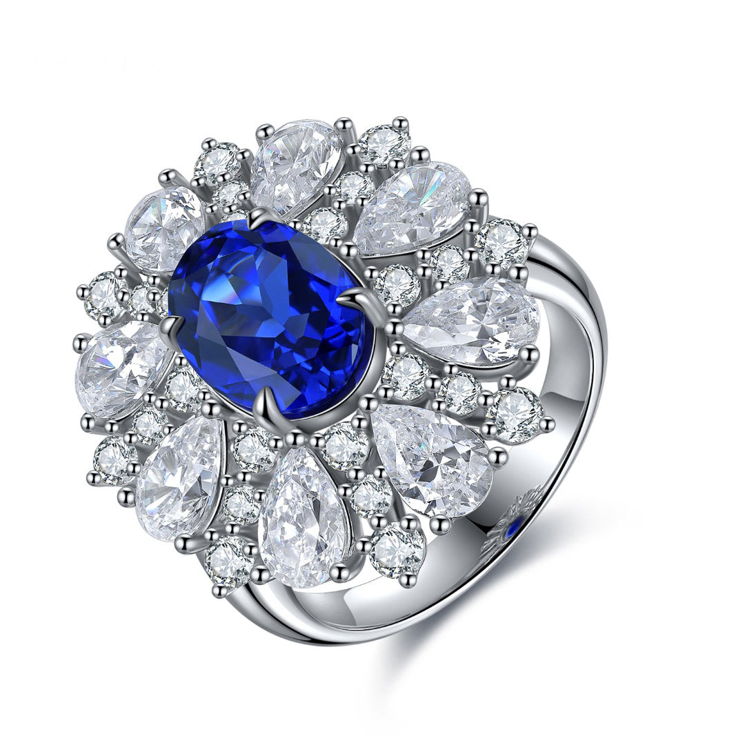 Etoilier Oval Cut Lab Created Sapphire S925 Silver Sun Flower Ring