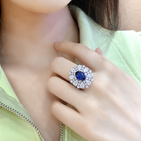 Etoilier Oval Cut Lab Created Sapphire S925 Silver Sun Flower Ring