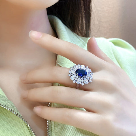 Etoilier Oval Cut Lab Created Sapphire S925 Silver Sun Flower Ring