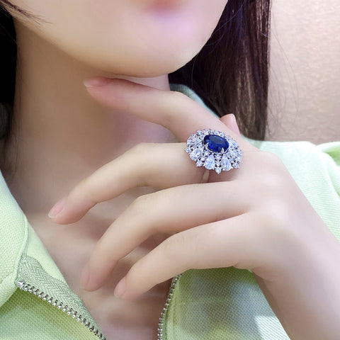 Etoilier Oval Cut Lab Created Sapphire S925 Silver Sun Flower Ring