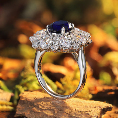 Etoilier Oval Cut Lab Created Sapphire S925 Silver Sun Flower Ring