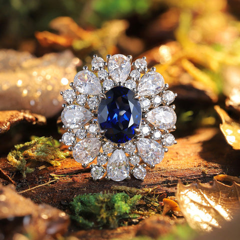 Etoilier Oval Cut Lab Created Sapphire S925 Silver Sun Flower Ring