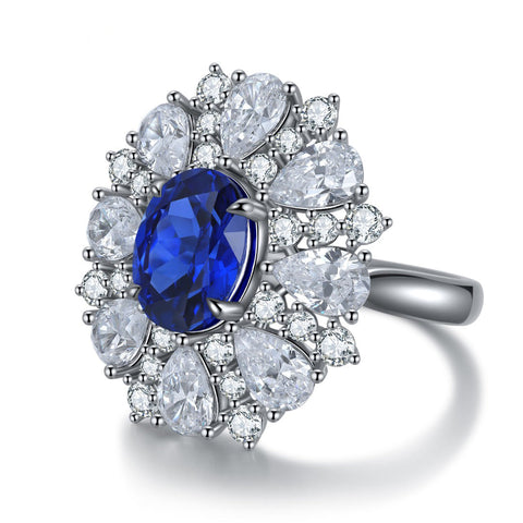 Etoilier Oval Cut Lab Created Sapphire S925 Silver Sun Flower Ring