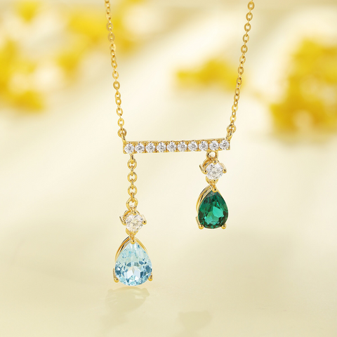 Etoilier Lab Created Emerald & Lab grow Aquamarine 18K Gold Pear Cut Pendant