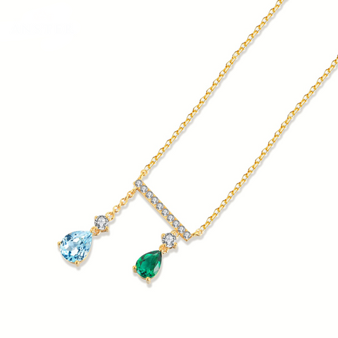 Etoilier Lab Created Emerald & Lab grow Aquamarine 18K Gold Pear Cut Pendant