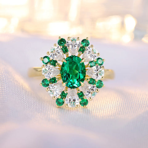 Etoilier Oval Cut Lab Created Emerald 18K Gold Ring