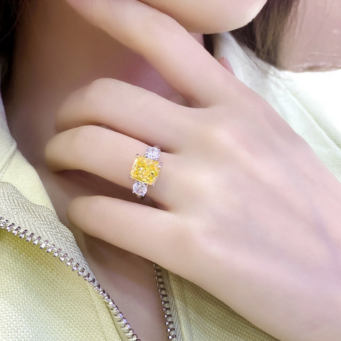 Etoilier 925 Sterling Silver Zircon Ring, Asscher Cut Simulation Yellow Diamond