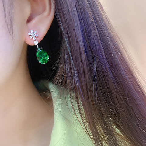 Etoilier Zircon 925 Sterling Silver Pear Cut Synthetic Emerald Earring,