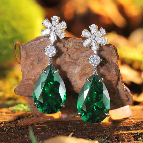 Etoilier Zircon 925 Sterling Silver Pear Cut Synthetic Emerald Earring,