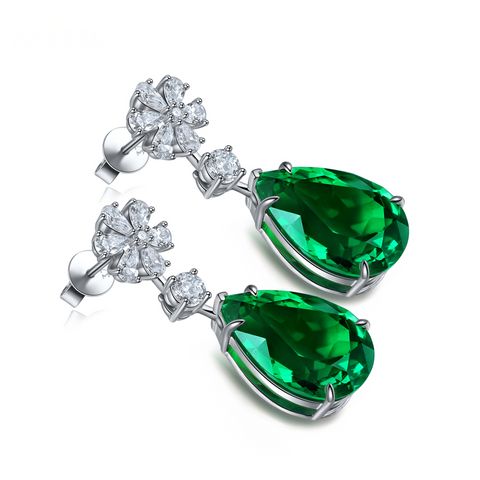 Etoilier Zircon 925 Sterling Silver Pear Cut Synthetic Emerald Earring,