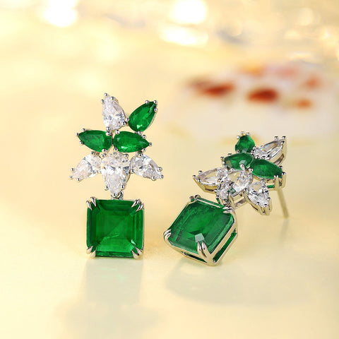 Etoilier S925 Sterling Silver Emerald Cut Synthetic Emerald Flower Earring