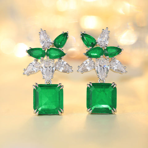 Etoilier S925 Sterling Silver Emerald Cut Synthetic Emerald Flower Earring
