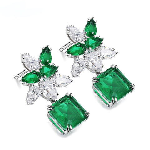 Etoilier S925 Sterling Silver Emerald Cut Synthetic Emerald Flower Earring