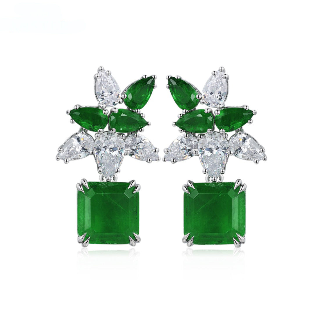 Etoilier S925 Sterling Silver Emerald Cut Synthetic Emerald Flower Earring