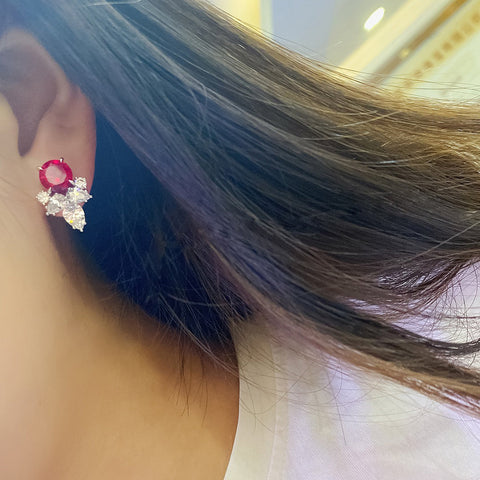Etoilier 925 Sterling Silver Round Cut Synthetic Ruby Flower Earring