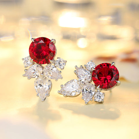 Etoilier 925 Sterling Silver Round Cut Synthetic Ruby Flower Earring