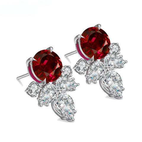 Etoilier 925 Sterling Silver Round Cut Synthetic Ruby Flower Earring