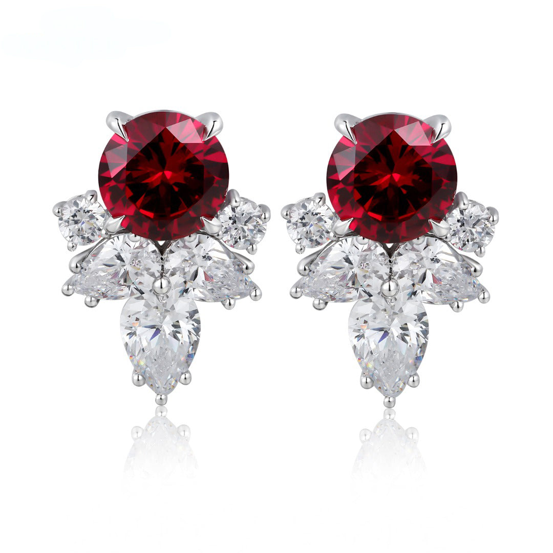 Etoilier 925 Sterling Silver Round Cut Synthetic Ruby Flower Earring