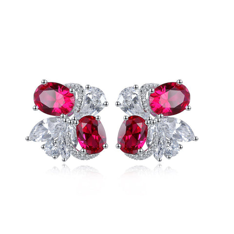 Etoilier Zircon 925 Sterling Silver Oval Cut Sybthetic Ruby 2 stones Earring