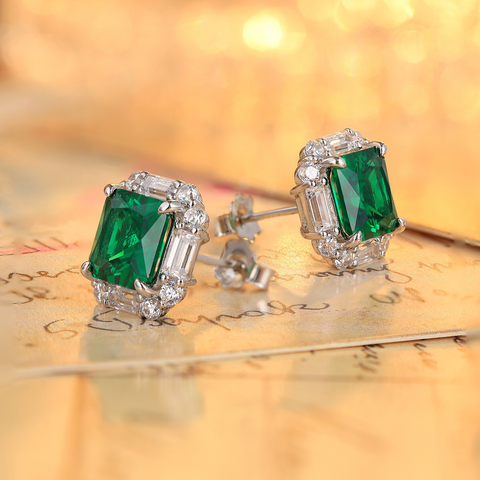 Etoilier 925 Sterling Silver Asscher Cut Synthetic Emerald Earring