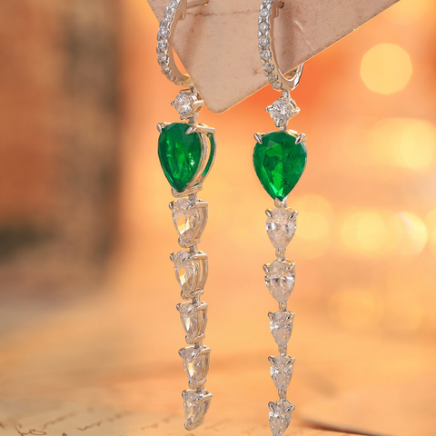 Etoilier Zircon 925 Sterling Silver Pear Cut Synthetic Emerald Earring