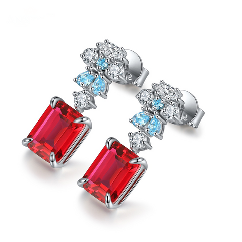 Etoilier 925 Sterling Silver Emerald Cut Synthetic Ruby Earring