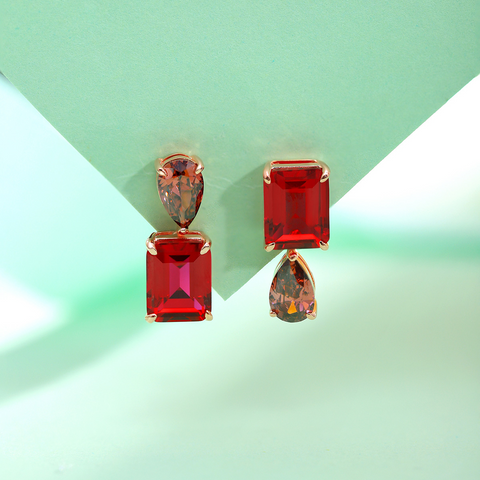 Etoilier 925 Sterling Silver Gold Plated Emerald Cut Synthetic Ruby Earring