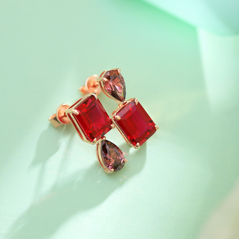 Etoilier 925 Sterling Silver Gold Plated Emerald Cut Synthetic Ruby Earring