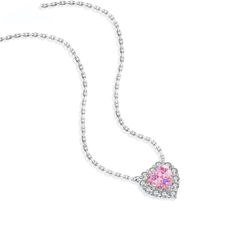 Etoilier 925 Sterling Silver Zircon Necklace Pendant, Heart Cut Simulation Pink Diamond