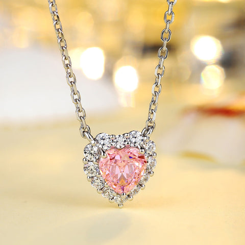 Etoilier 925 Sterling Silver Zircon Necklace Pendant, Heart Cut Simulation Pink Diamond