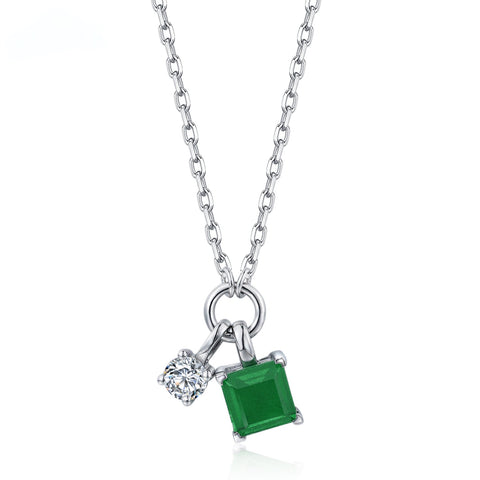 Etoilier 925 Sterling Silver Princess Cut Synthetic Emerald Necklace Pendant