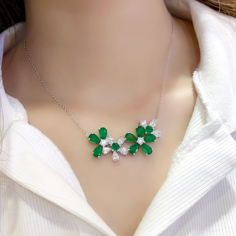 Etoilier Zircon 925 Sterling Silver Synthetic Emerald Necklace, Multiple Stones Pendant