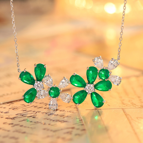 Etoilier Zircon 925 Sterling Silver Synthetic Emerald Necklace, Multiple Stones Pendant