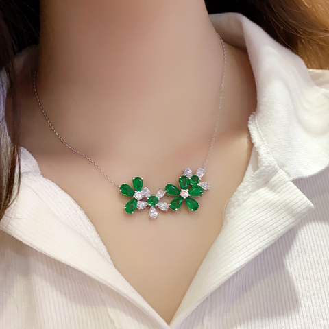 Etoilier Zircon 925 Sterling Silver Synthetic Emerald Necklace, Multiple Stones Pendant