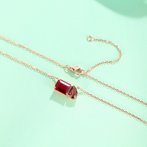 Etoilier 925 Sterling Silver Gold Plated Emerald Cut Synthetic Ruby Necklace Pendant