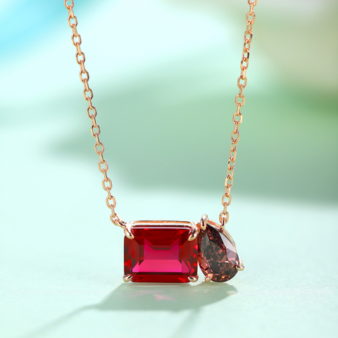 Etoilier 925 Sterling Silver Gold Plated Emerald Cut Synthetic Ruby Necklace Pendant