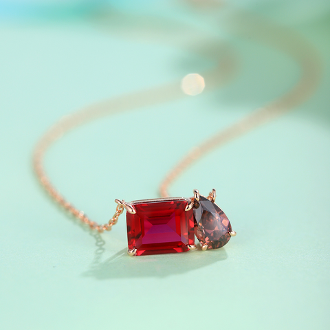 Etoilier 925 Sterling Silver Gold Plated Emerald Cut Synthetic Ruby Necklace Pendant