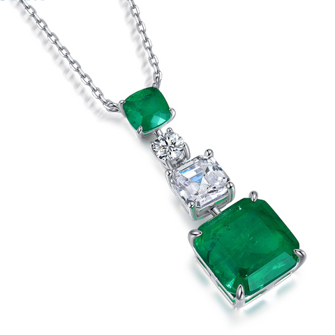 Etoilier 925 Sterling Silver Zircon Necklace Pendant, Asscher Cut Simulation Emerald