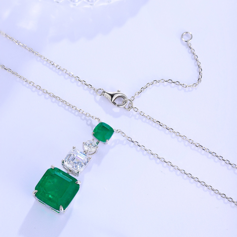 Etoilier 925 Sterling Silver Zircon Necklace Pendant, Asscher Cut Simulation Emerald