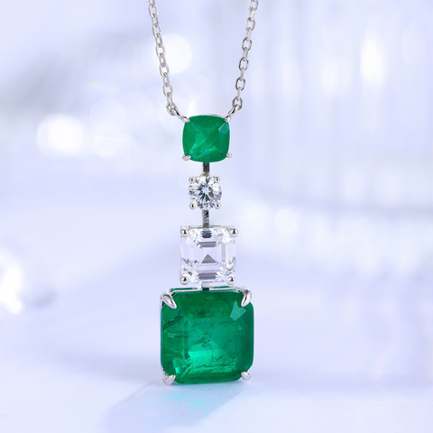 Etoilier 925 Sterling Silver Zircon Necklace Pendant, Asscher Cut Simulation Emerald