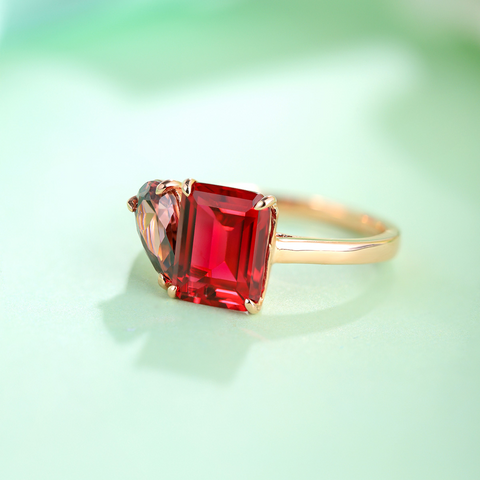 Etoilier 925 Sterling Silver Gold Plated Emerald Cut Synthetic Ruby Ring