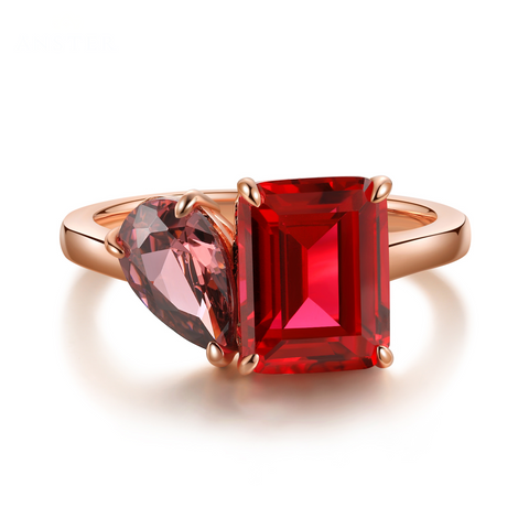 Etoilier 925 Sterling Silver Gold Plated Emerald Cut Synthetic Ruby Ring