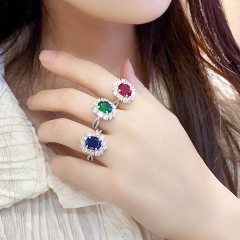 Etoilier Zircon 925 Sterling Silver Oval Cut Synthetic Emerald/Sapphire/Ruby Ring, Three Colors Optional