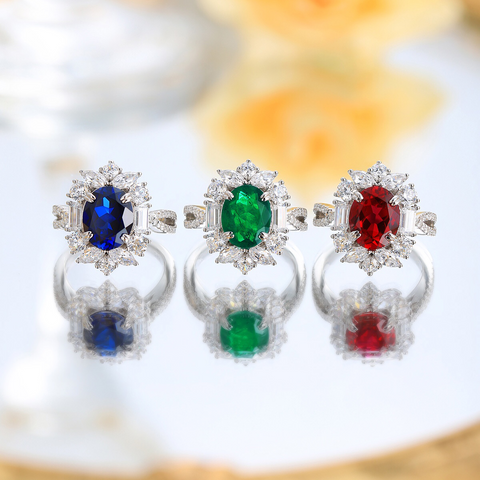 Etoilier Zircon 925 Sterling Silver Oval Cut Synthetic Emerald/Sapphire/Ruby Ring, Three Colors Optional