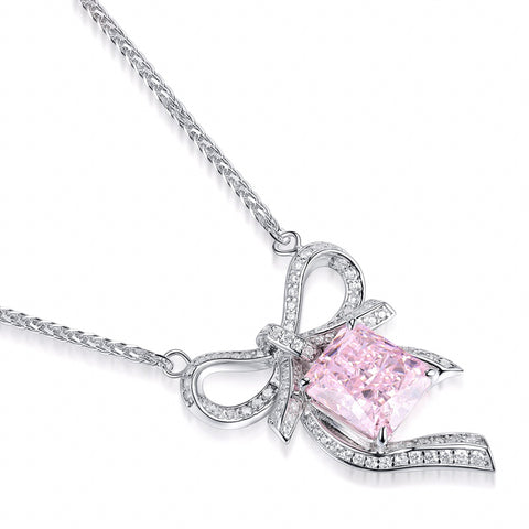 Etoilier 925 Sterling Silver Zircon Necklace Pendant, Asscher Cut Simulation Pink Diamond