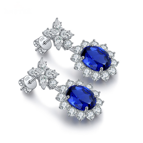 Etoilier Zircon 925 Sterling Silver Oval Cut Synthetic Sapphire Earring