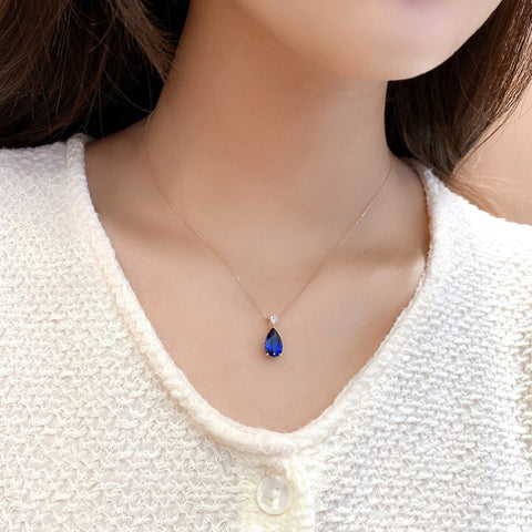 Etoilier Lab Created Sapphire Necklace, 18K Gold Pear Cut Pendant