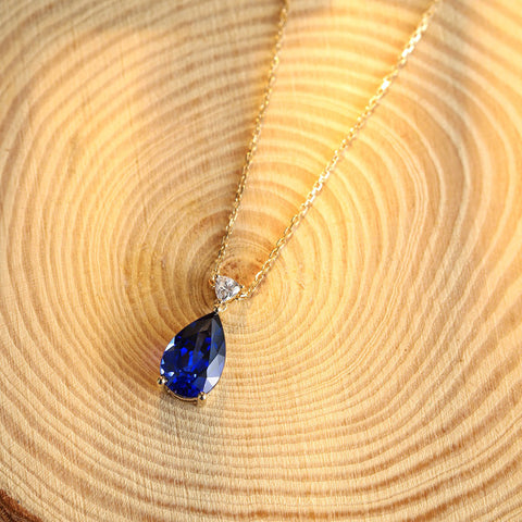 Etoilier Lab Created Sapphire Necklace, 18K Gold Pear Cut Pendant