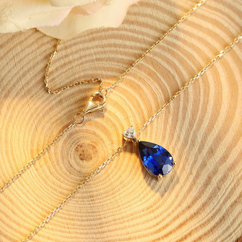 Etoilier Lab Created Sapphire Necklace, 18K Gold Pear Cut Pendant