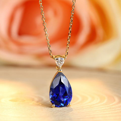 Etoilier Lab Created Sapphire Necklace, 18K Gold Pear Cut Pendant